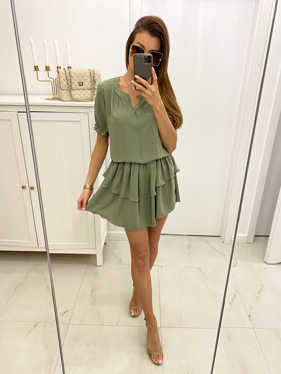 sukienka damska z falbanką khaki tmc moda