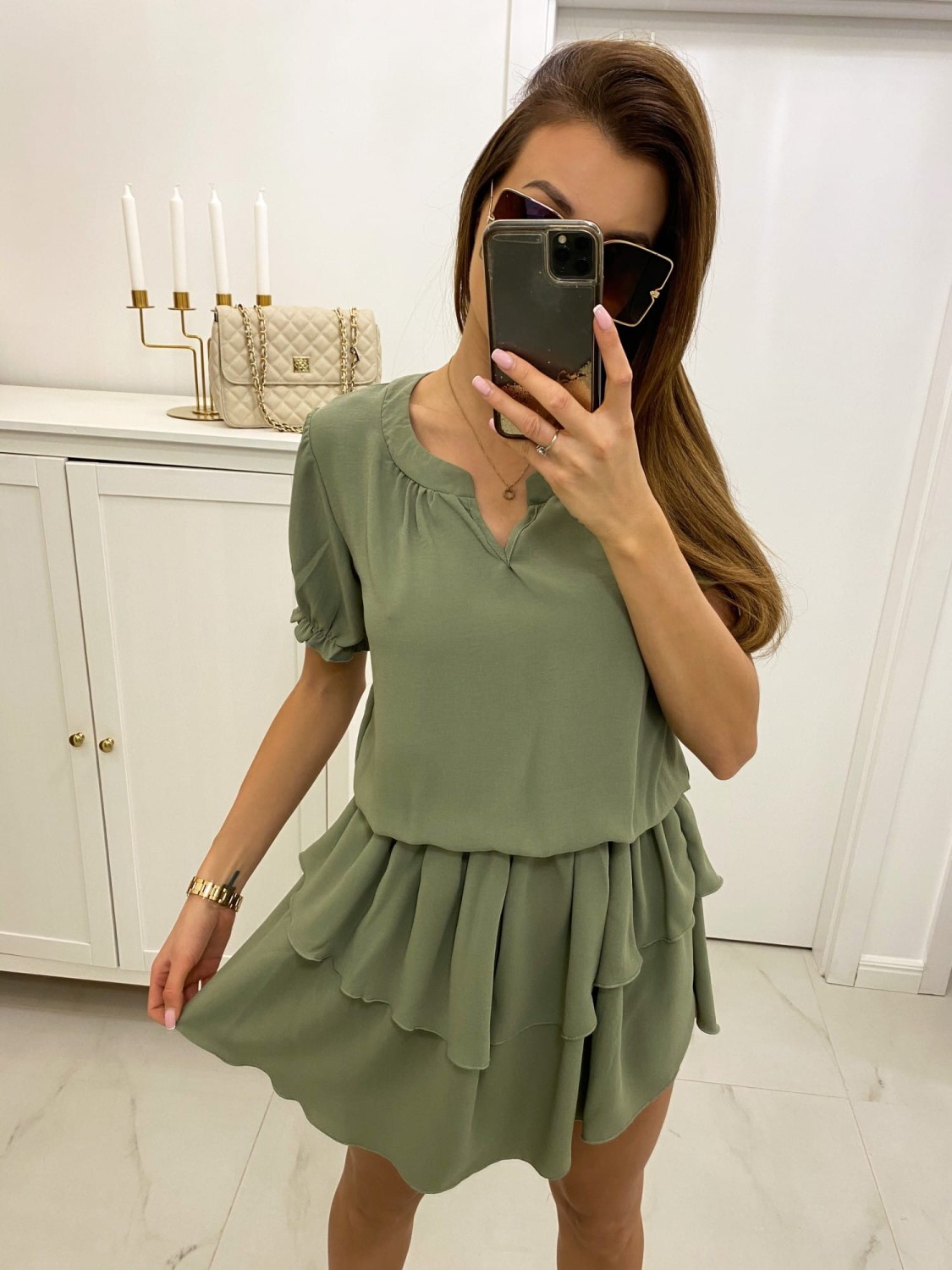 sukienka damska z falbanką khaki tmc moda
