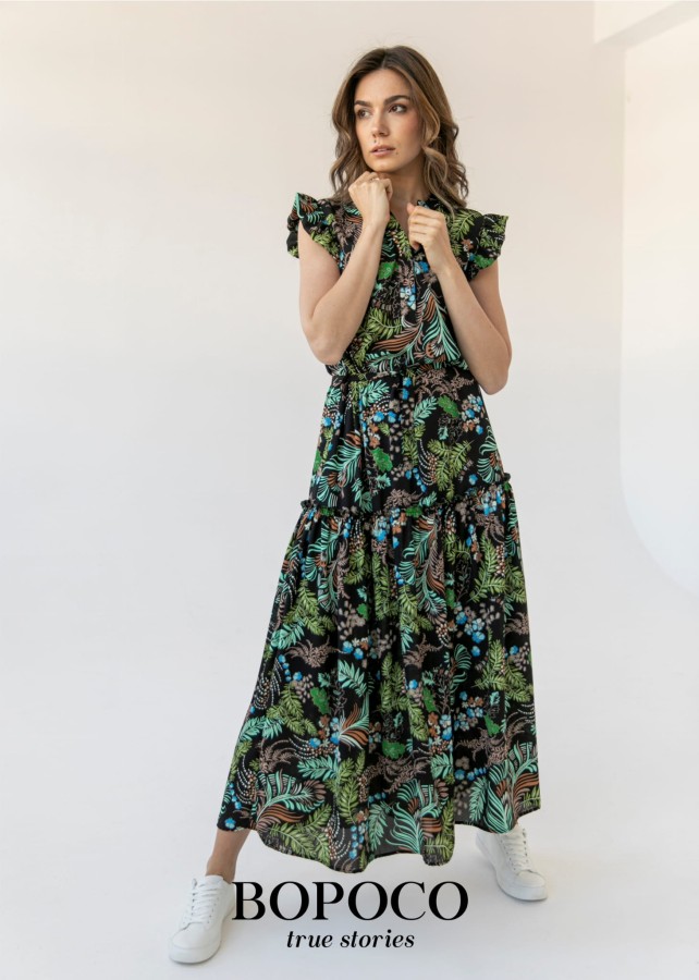 wzorzysta sukienka damska maxi krótki rękaw Bopoco