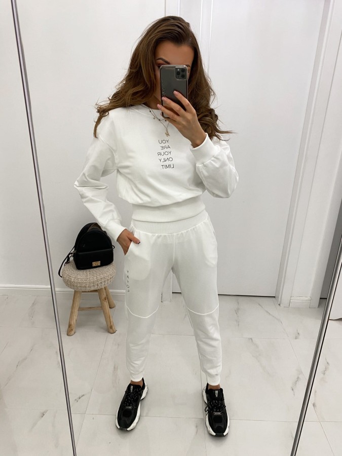 dres damski komplet spodnie bluza biały tmc moda