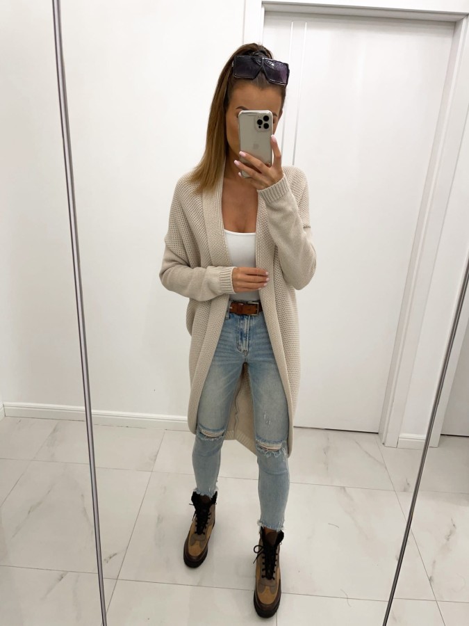 długi asymetryczny kardigan narzutka nude tmc moda