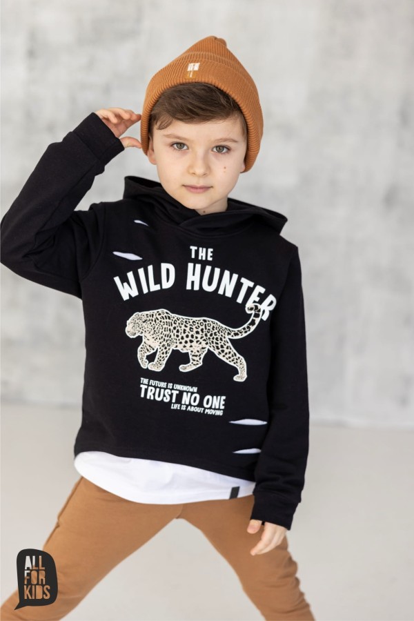 ALL FOR KIDS BLUZKA Z KAPTUREM I ROZCIĘCIAMI WILD HUNTER CZARNA