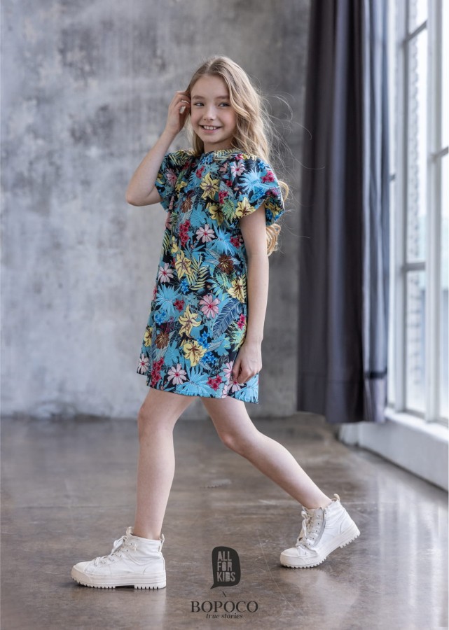 wzorzysta sukienka z bufiastymi rękawami all for kids