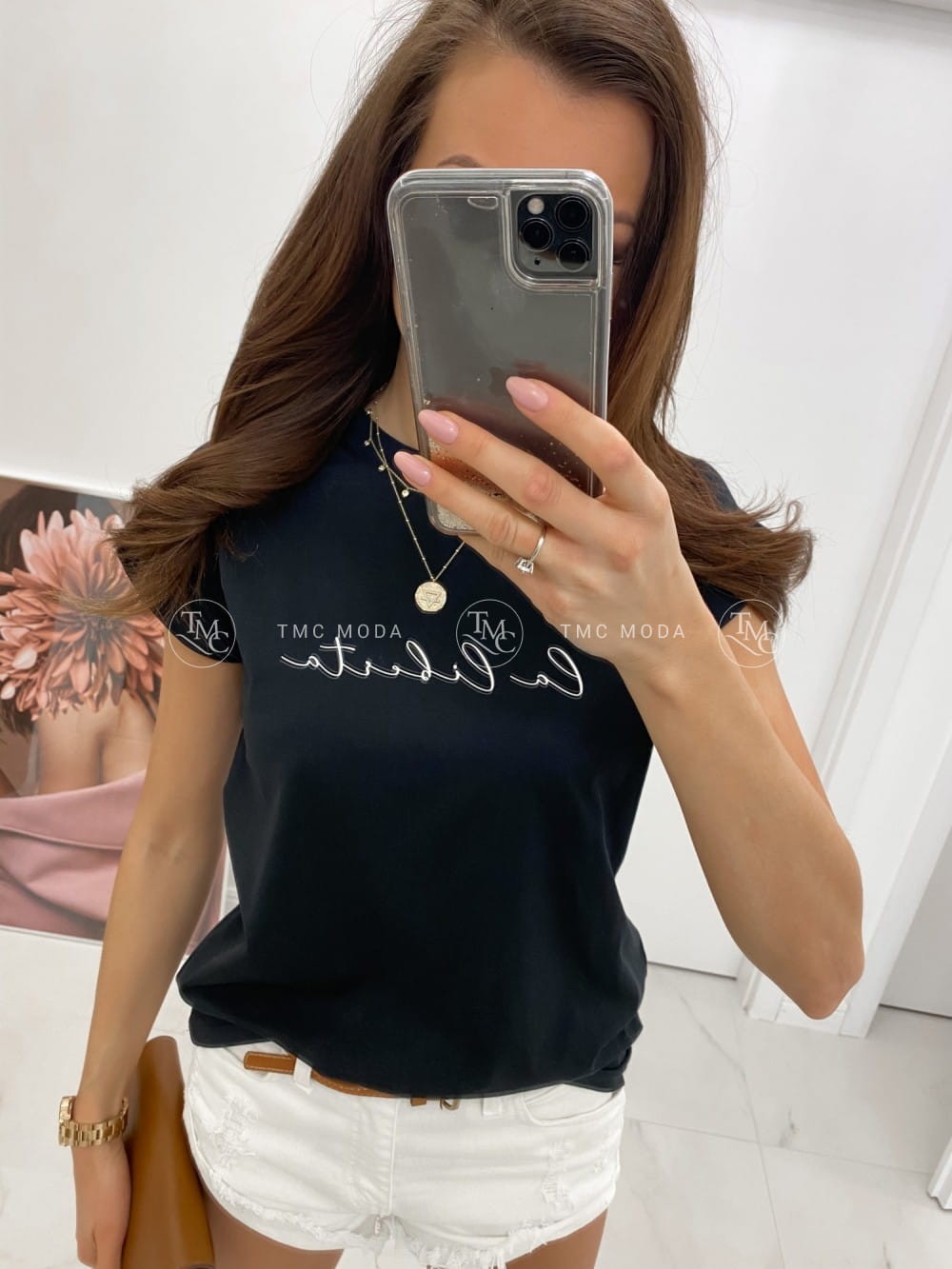 czarny t-shirt damski z napisem la liberta tmc moda