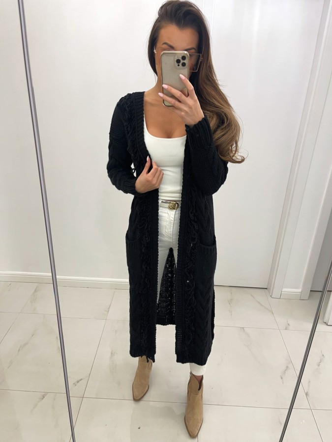 kardigan z frędzlami maxi czarny tmc moda