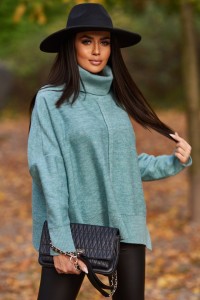Sweter damski z golfem i przeszyciem oversize mięta Me Gusta    