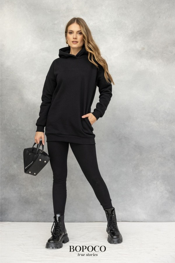 długa bluza damska z kapturem czarna Bopoco
