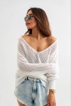 Sweter damski ażurowy dekolt V biały Tmc Moda  