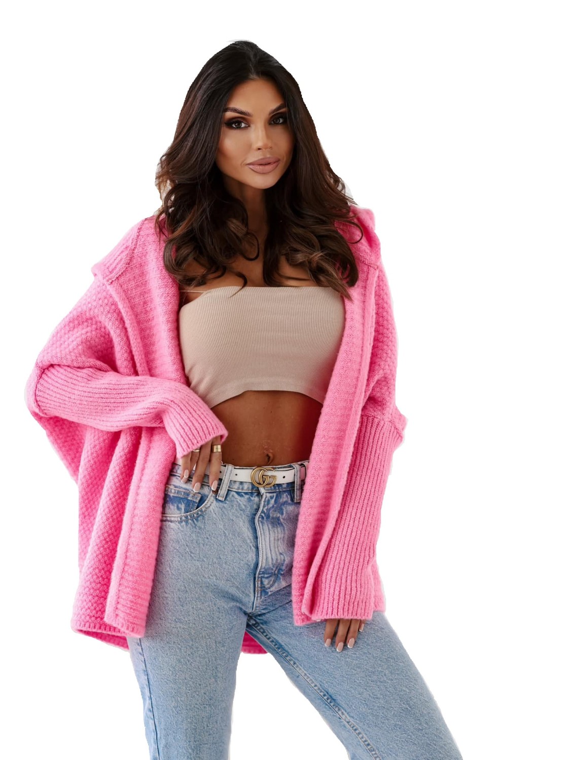 sweter kardigan damski z kapturem oversize różowy ryżyk me gusta