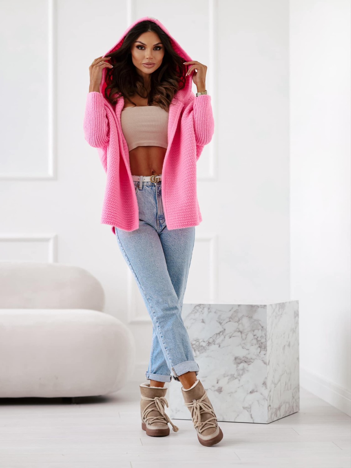 sweter kardigan damski z kapturem oversize różowy ryżyk me gusta
