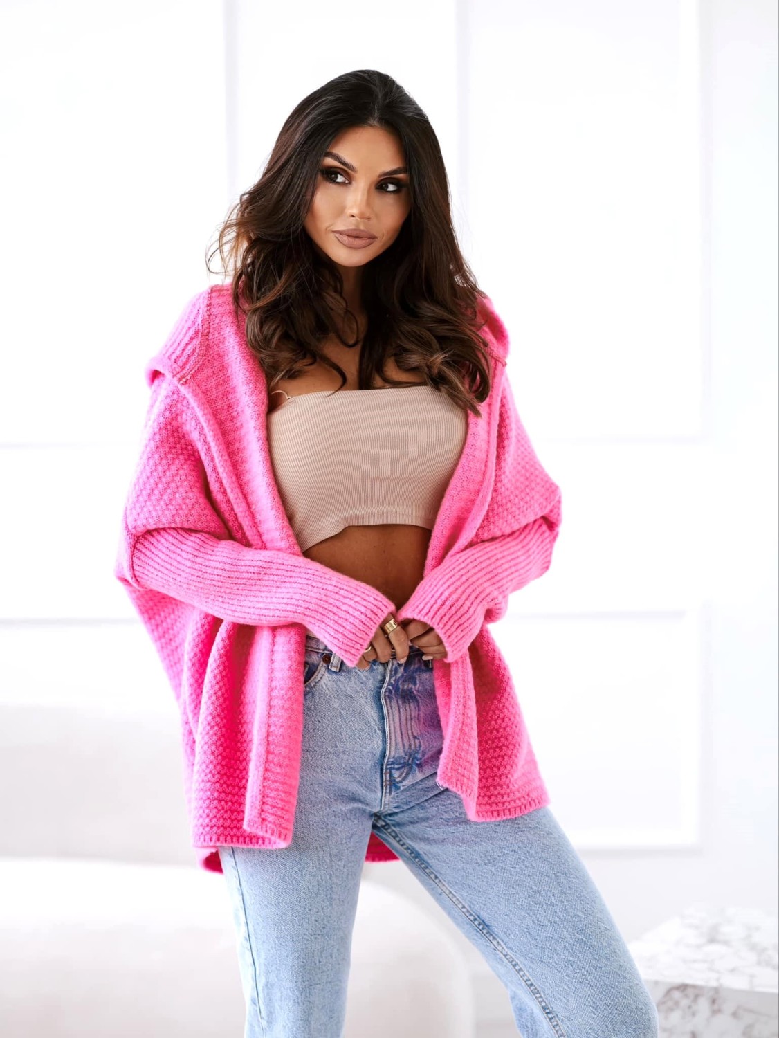 sweter kardigan damski z kapturem oversize różowy ryżyk me gusta