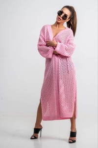 Długi kardigan ażurowy narzutka różowy TMC Moda   