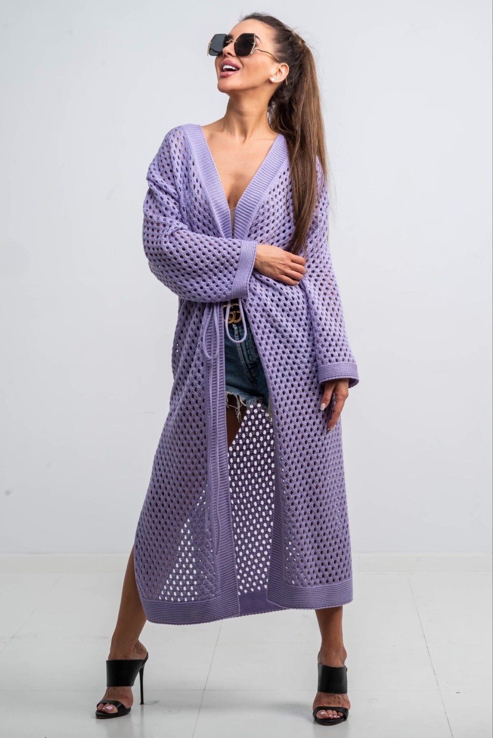 długi kardigan ażurowy narzutka lila Tmc Moda