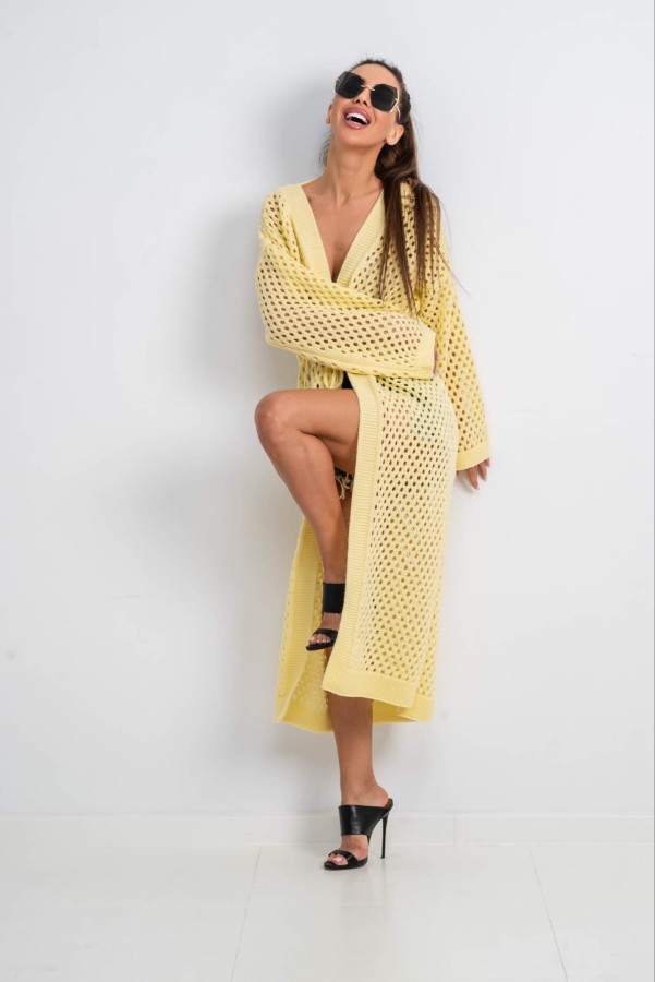 długi kardigan ażurowy narzutka żółty Tmc Moda