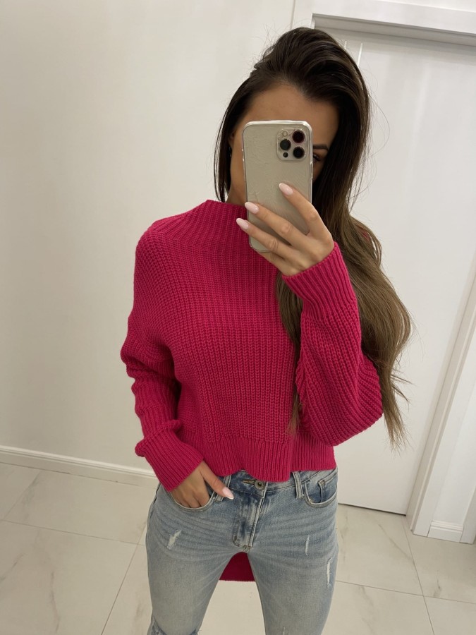 sweter damski krótki przód dłuższy tył fuksja Tmc Moda