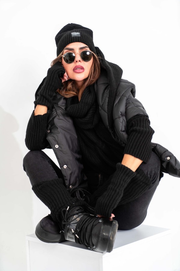 czapka szalik rękawiczki ocieplacze komplet damski zimowy czarny Tmc Moda