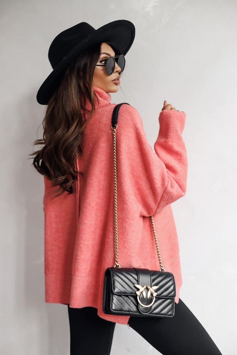 sweter damski z golfem i przeszyciem oversize koral ME Gusta