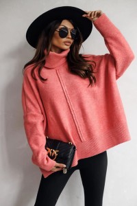 Sweter damski z golfem i przeszyciem oversize koral Me Gusta  