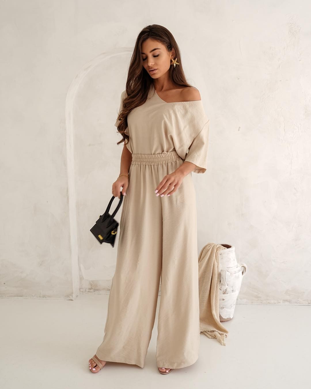 Beżowe spodnie z szerokimi nogawkami Me Gusta [ROZMIAR: uniwersalny, KOLOR: odcienie brązu i beżu]