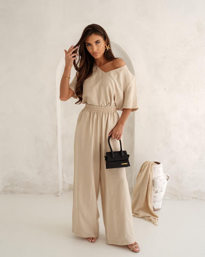 Beżowe spodnie z szerokimi nogawkami Me Gusta [ROZMIAR: uniwersalny, KOLOR: odcienie brązu i beżu]