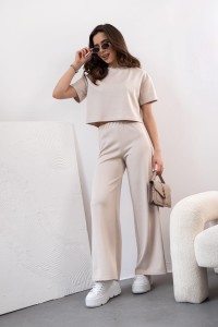 Beżowy komplet szerokie spodnie i bluzka Lola Fashion