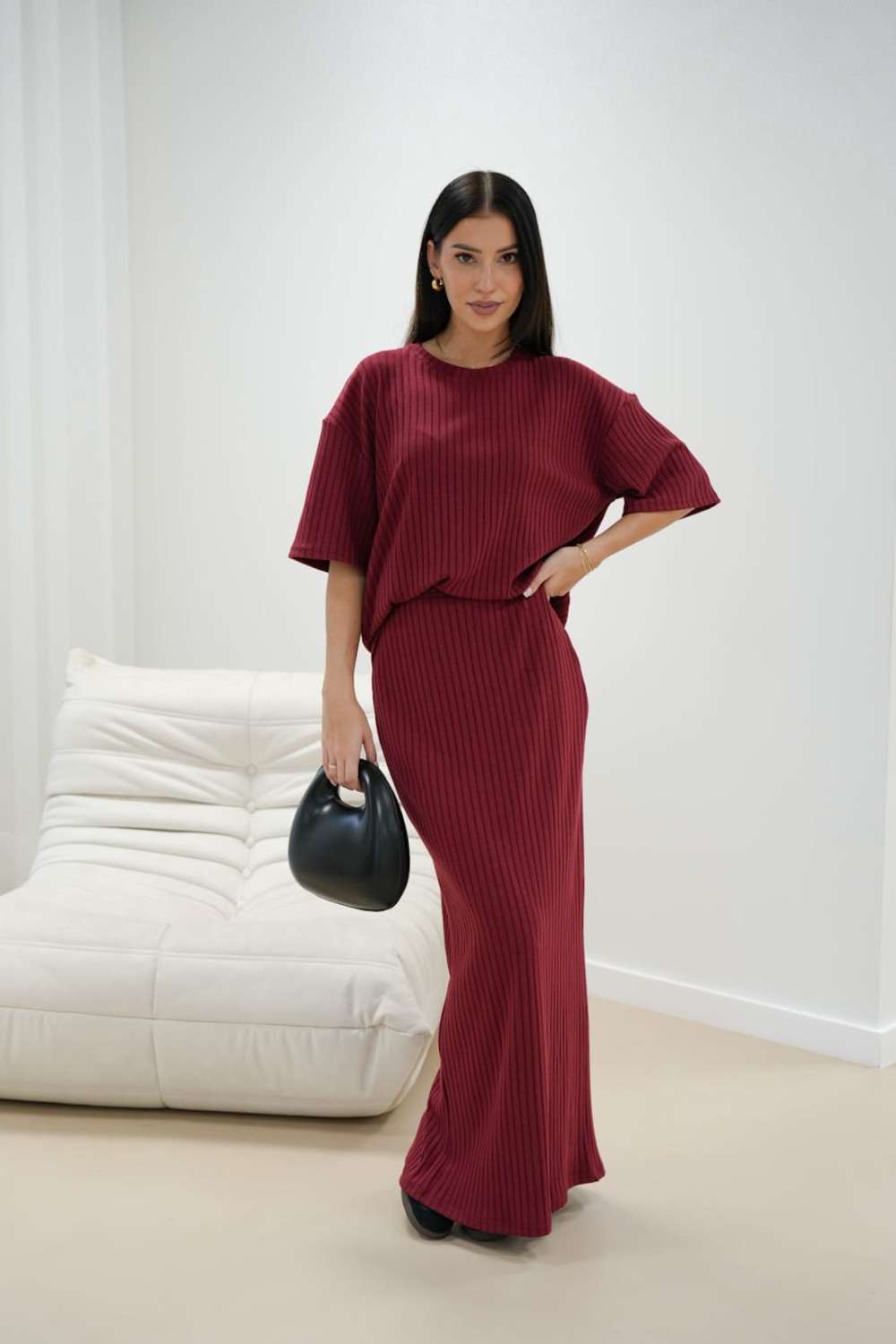 spódnica maxi i bluzka komplet damski bordowy lola fashion
