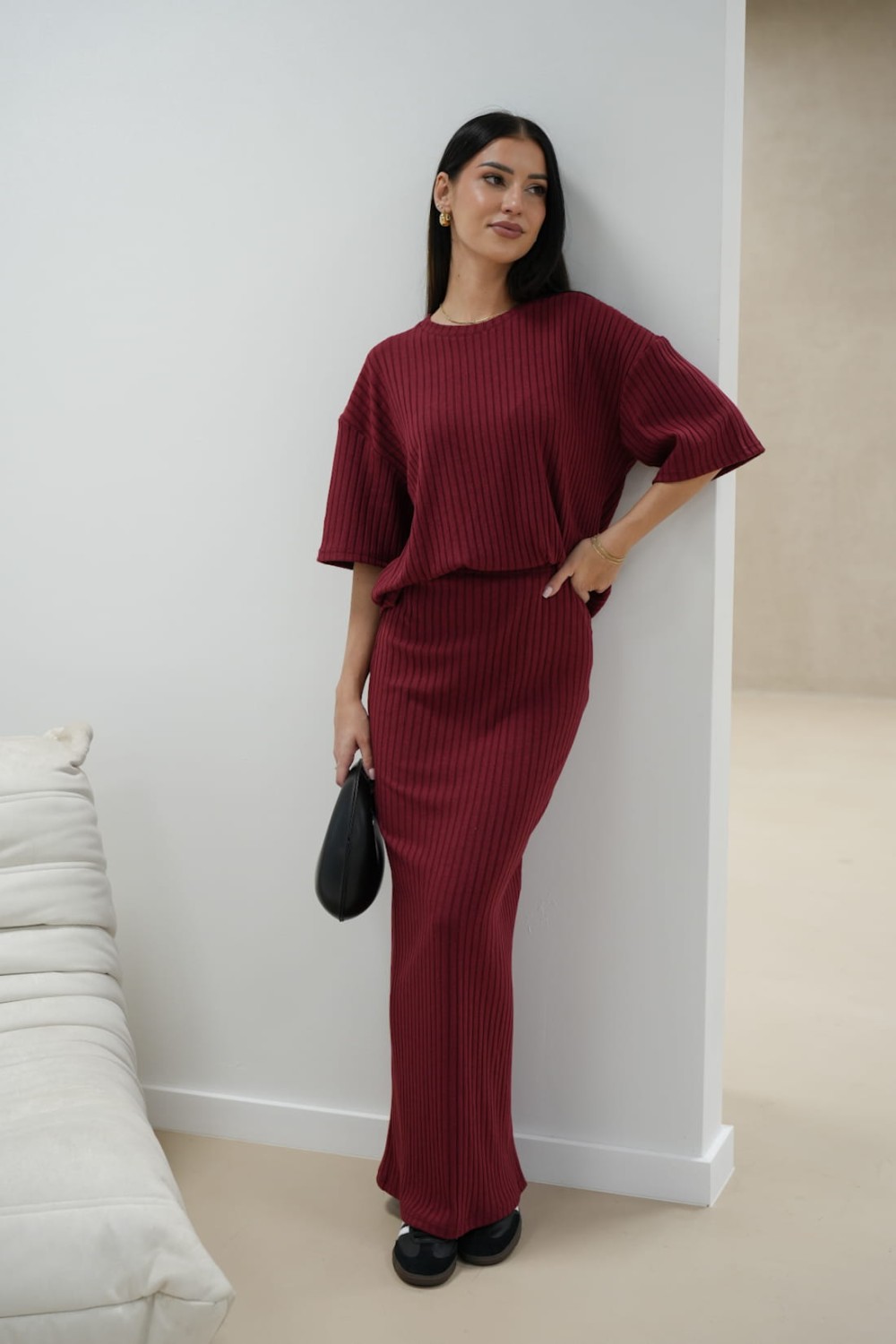 spódnica maxi i bluzka komplet damski bordowy lola fashion