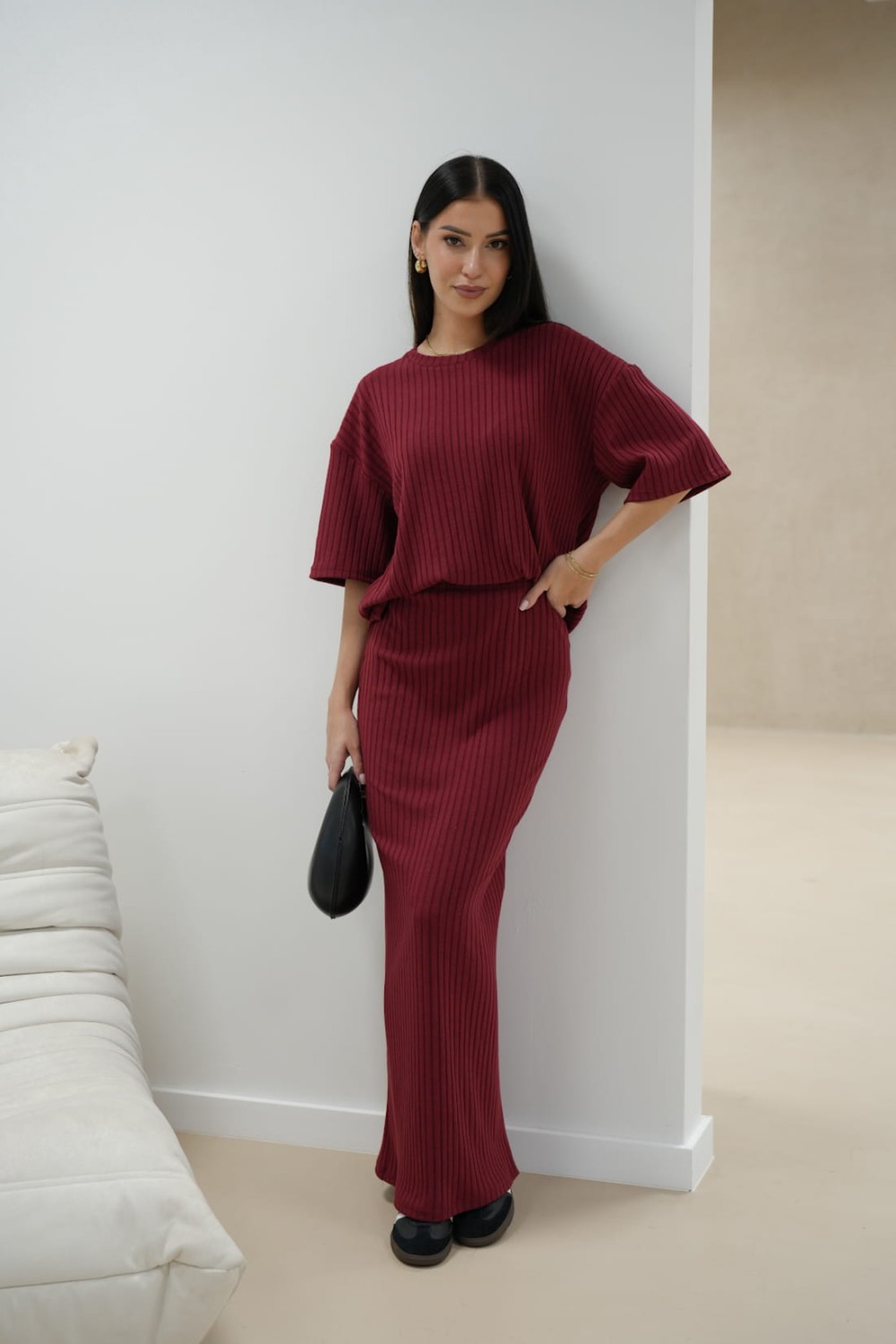 spódnica maxi i bluzka komplet damski bordowy lola fashion