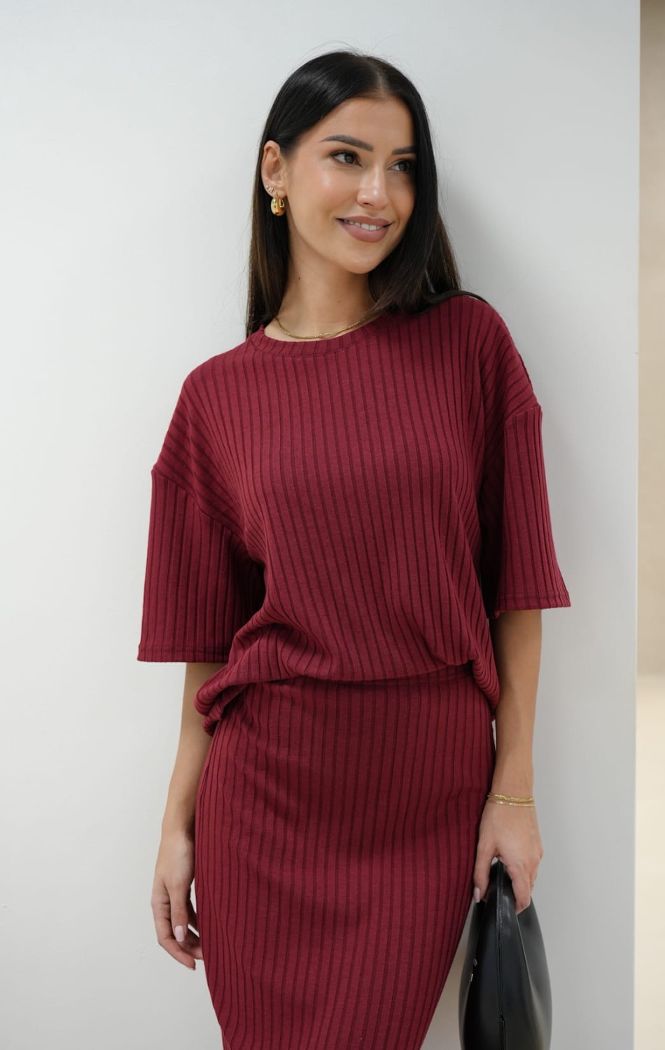 spódnica maxi i bluzka komplet damski bordowy lola fashion