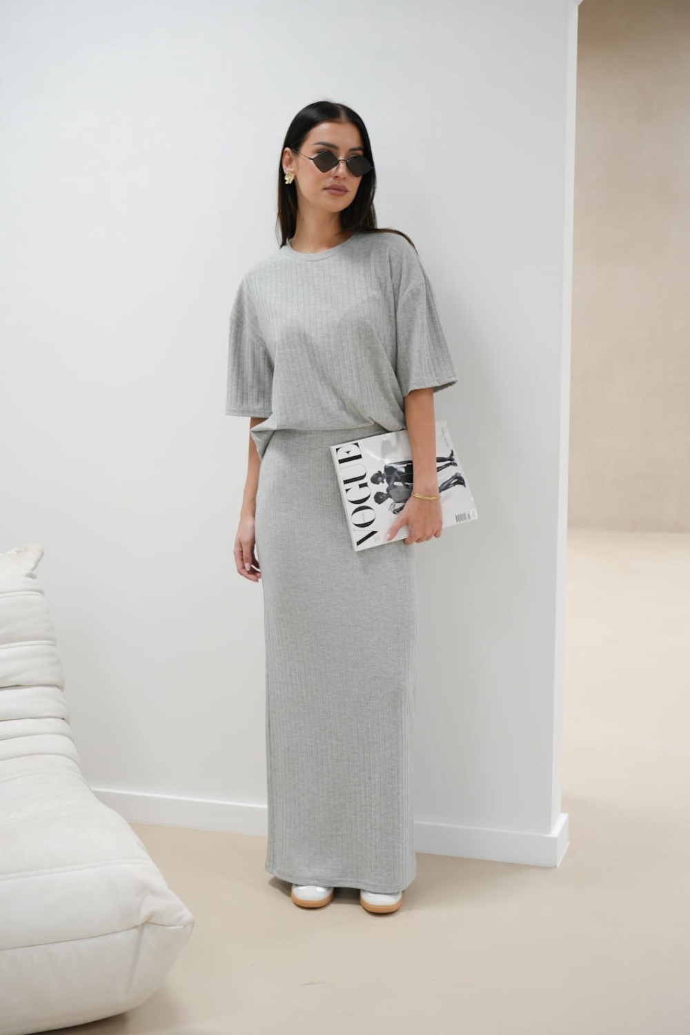 komplet damski spódnica maxi i bluzka szary lola fashion