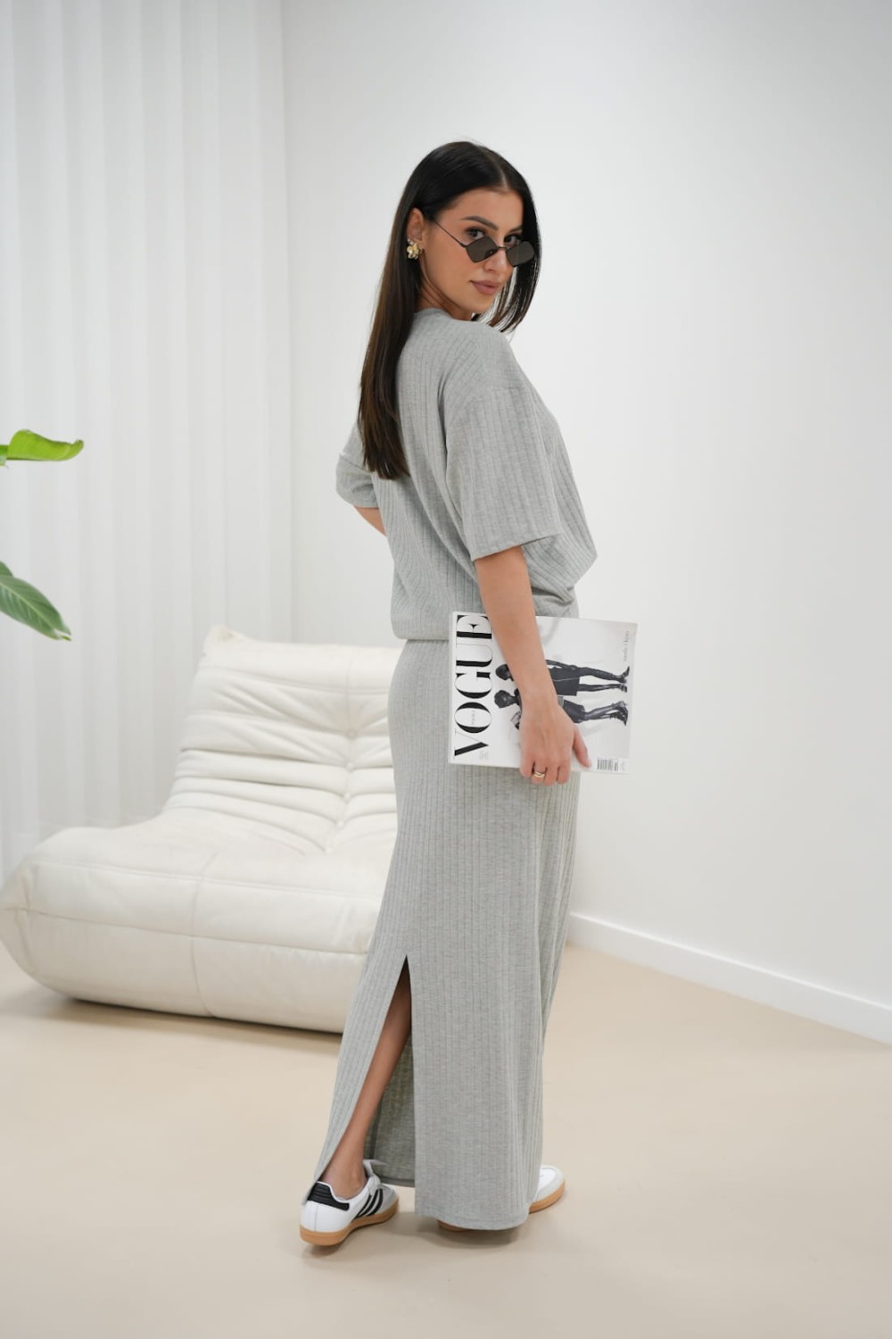 komplet damski spódnica maxi i bluzka szary lola fashion
