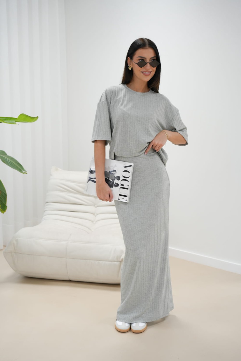 komplet damski spódnica maxi i bluzka szary lola fashion
