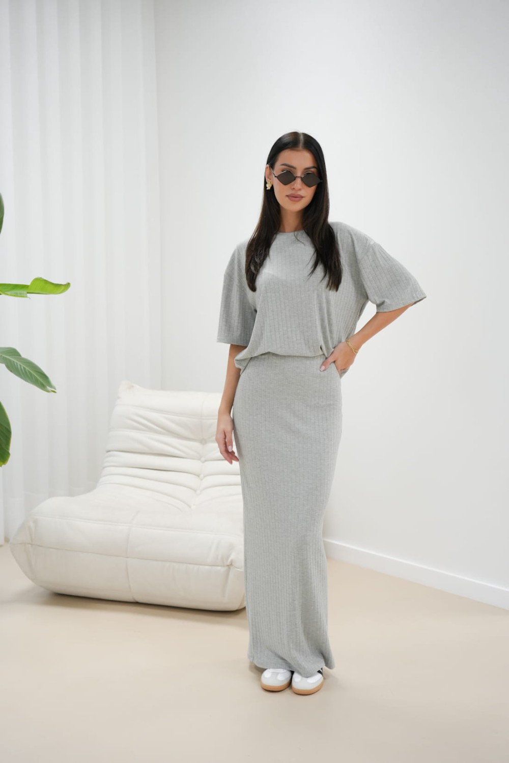 komplet damski spódnica maxi i bluzka szary lola fashion