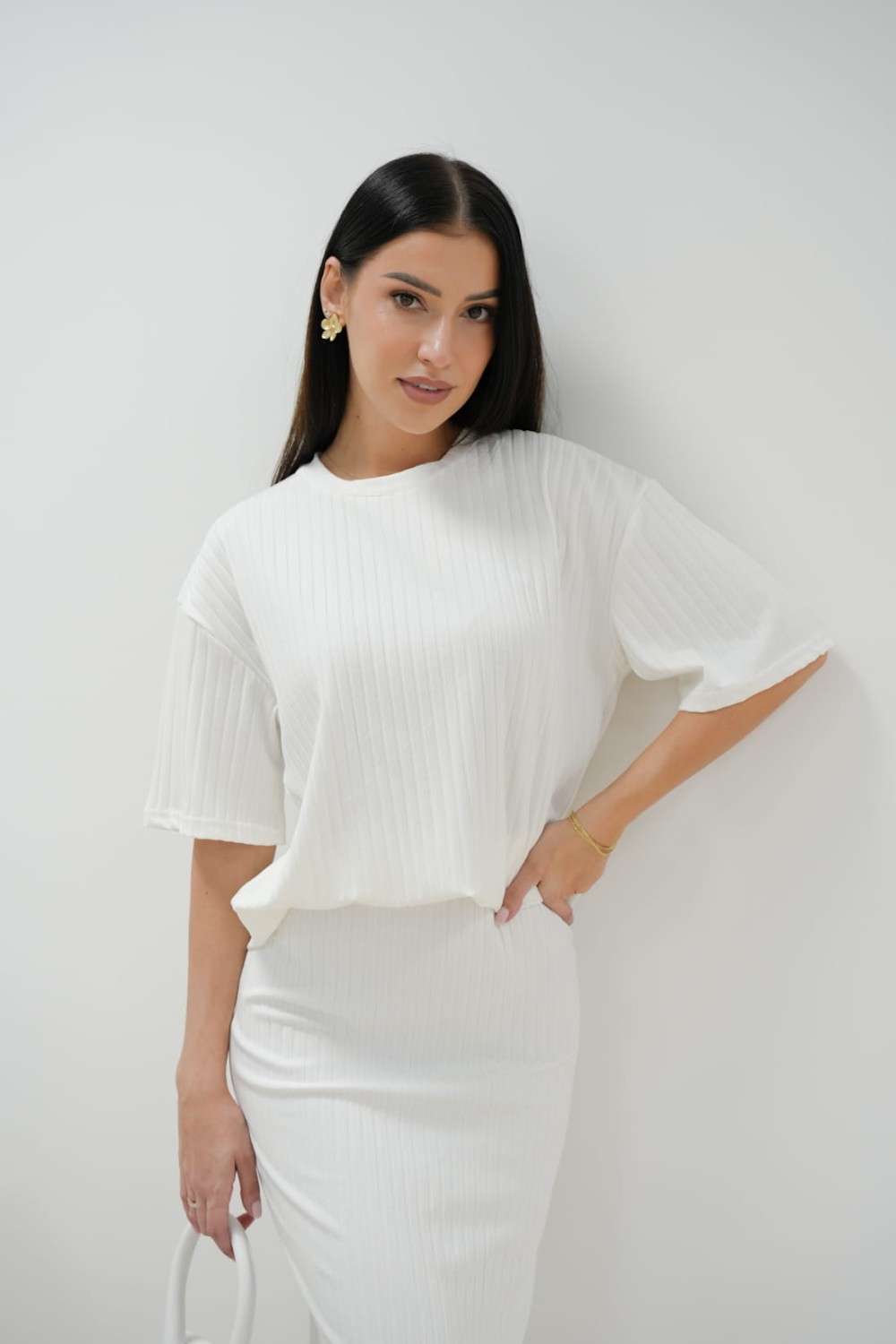 bialy komplet damski dluga spodnica i bluzka lola fashion