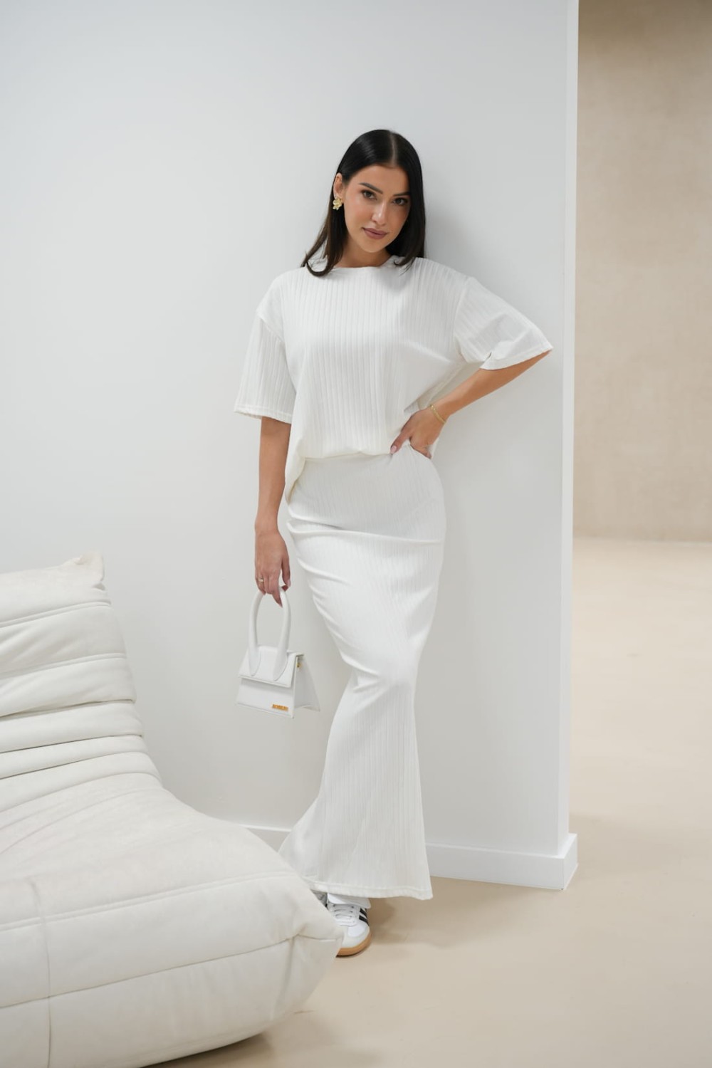 bialy komplet damski dluga spodnica i bluzka lola fashion
