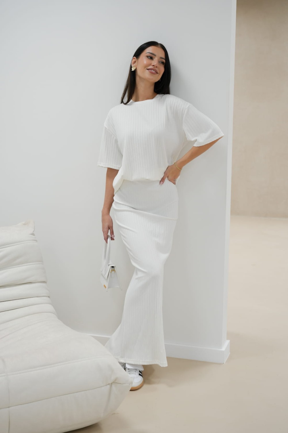 bialy komplet damski dluga spodnica i bluzka lola fashion