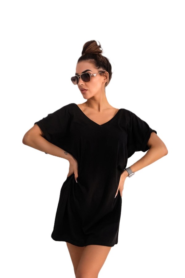 Czarna sukienka V neck przód tył TMC Moda [ROZMIAR: uniwersalny, KOLOR: czarny]