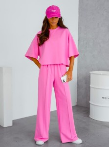 Komplet dresowy szerokie spodnie bluzka różowy Me Gusta   