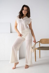 Komplet ażurowy spodnie i bluzka kremowy Lola Fashion 