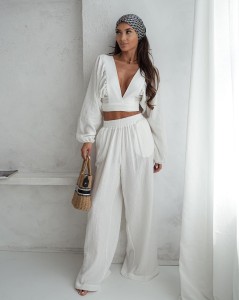 Szerokie spodnie muślinowe białe Me Gusta 