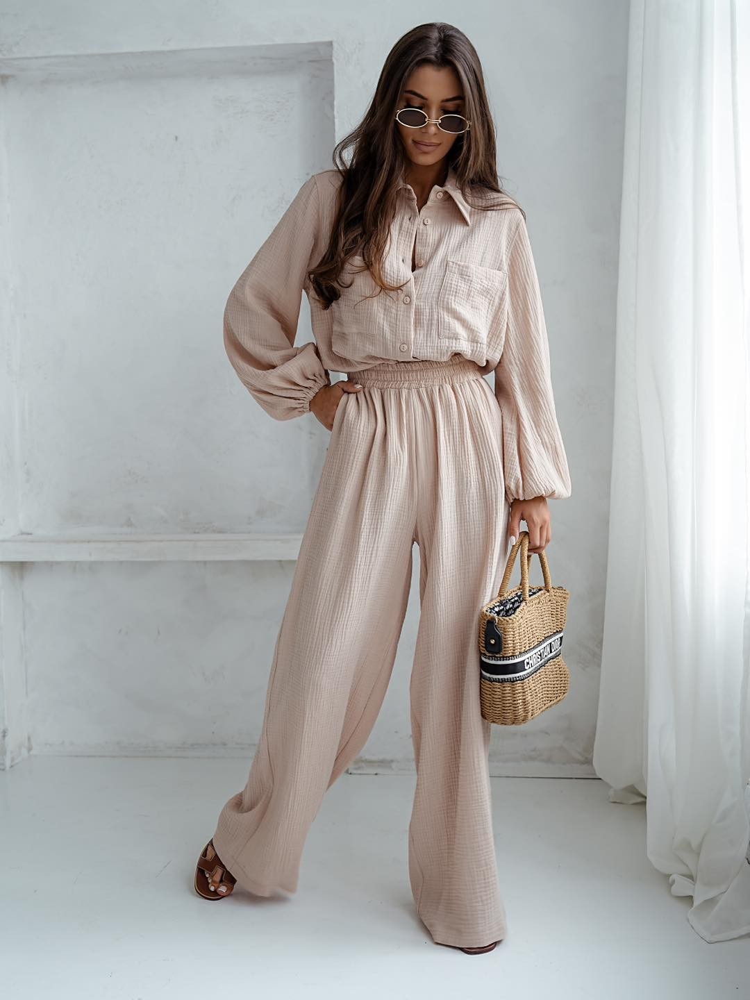 Szerokie spodnie muślinowe beżowe Me Gusta [ROZMIAR: uniwersalny, KOLOR: odcienie brązu i beżu]