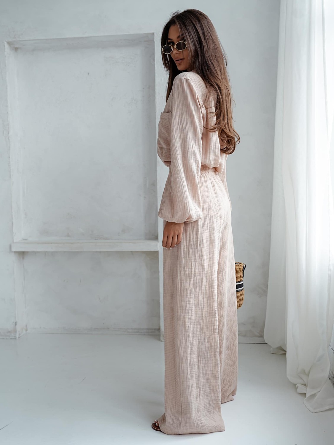 Szerokie spodnie muślinowe beżowe Me Gusta [ROZMIAR: uniwersalny, KOLOR: odcienie brązu i beżu]