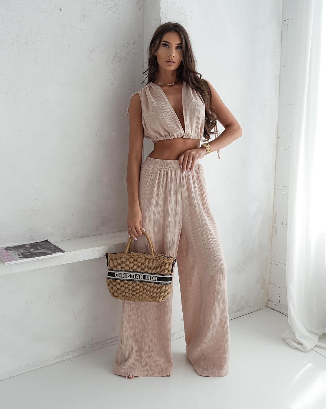 Szerokie spodnie muślinowe beżowe Me Gusta [ROZMIAR: uniwersalny, KOLOR: odcienie brązu i beżu]