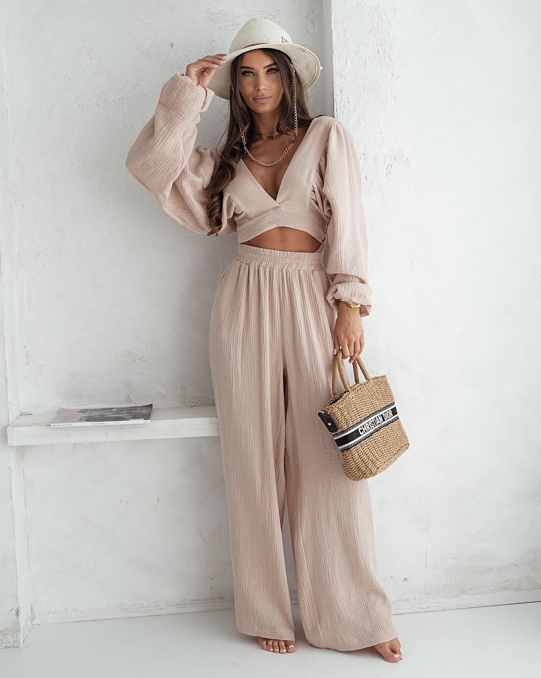 Szerokie spodnie muślinowe beżowe Me Gusta [ROZMIAR: uniwersalny, KOLOR: odcienie brązu i beżu]