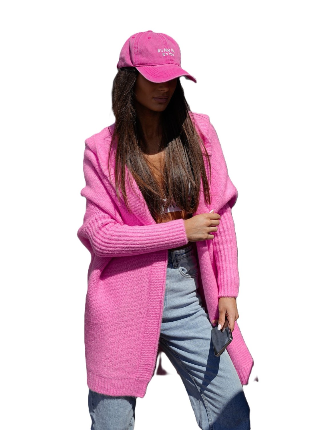 Me Gusta sweter kardigan damski z kapturem oversize różowy rio