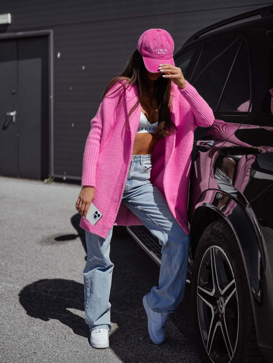 Me Gusta sweter kardigan damski z kapturem oversize różowy rio