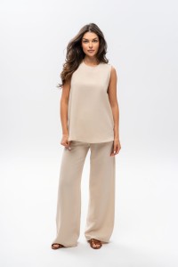 Komplet damski len + wiskoza szerokie spodnie i bluzka bez rękawów beżowy Bopoco 
