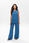 Komplet damski len + wiskoza szerokie spodnie i bluzka bez rękawów niebieski Bopoco 