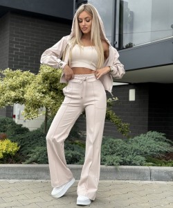 Komplet spodnie z szeroką nogawką i bluza beżowy Marina
