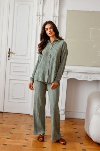 Komplet damski szerokie spodnie i koszula khaki Bopoco